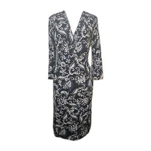 WHBM Black Riviera Paisley Stretch Knit 3/4 Sleeve Faux Wrap Dress Medium M  NEW